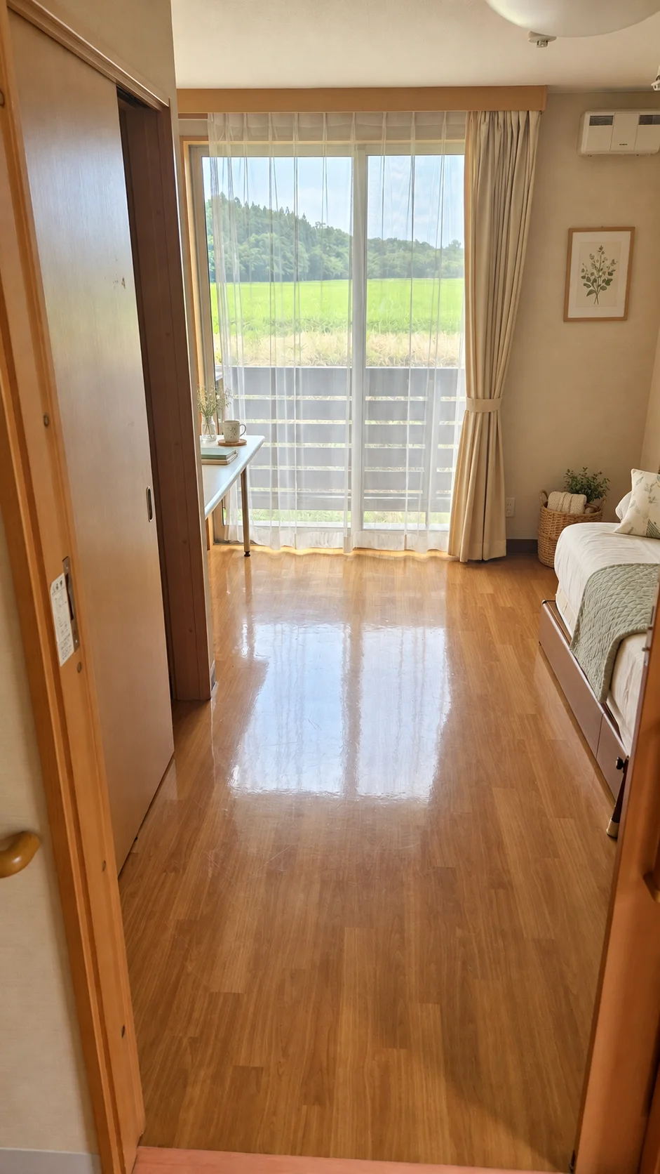 窓から田園風景を望む居室